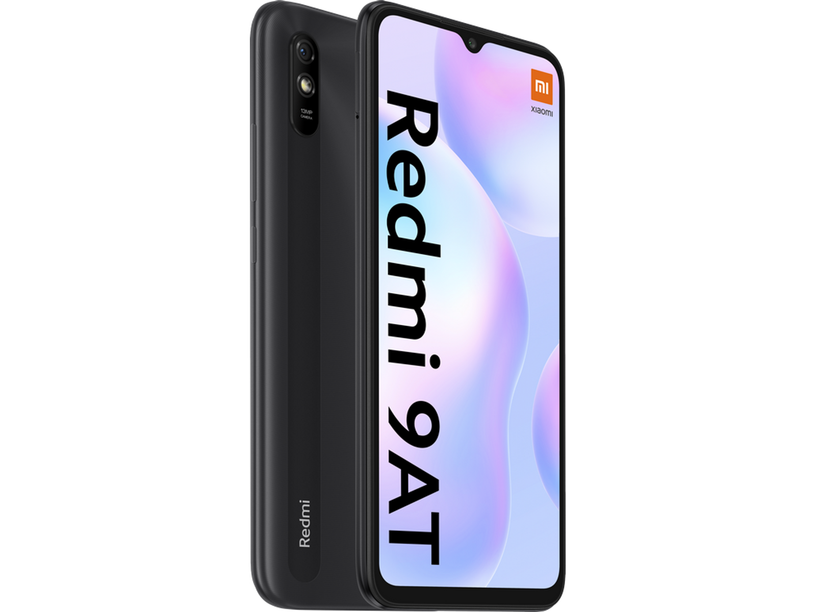 Czarny telefon Redmi 9AT. Telefon jest czarny i ma aparat z tyłu z logo Redmi.