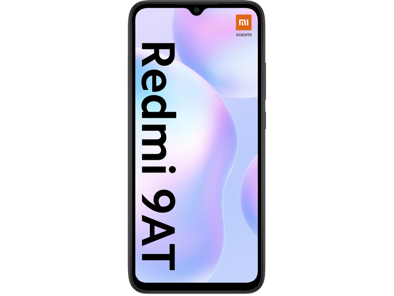 Czarny smartfon z Redmi 9AT na ekranie i logo Xiaomi na górze.