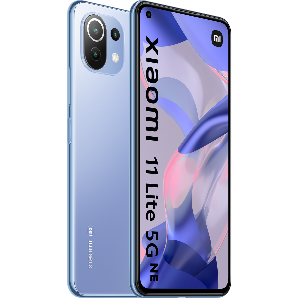 Niebieski telefon Xiaomi 11 Lite 5G NE. Telefon jest z boku. Tekst na ekranie.