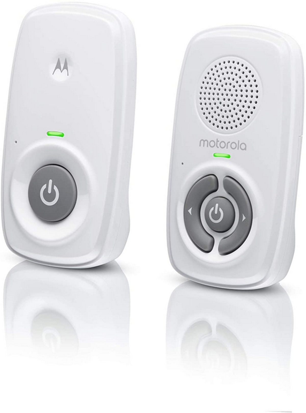 Dos monitores para bebés Motorola blancos, uno con botón y otro con botones direccionales.