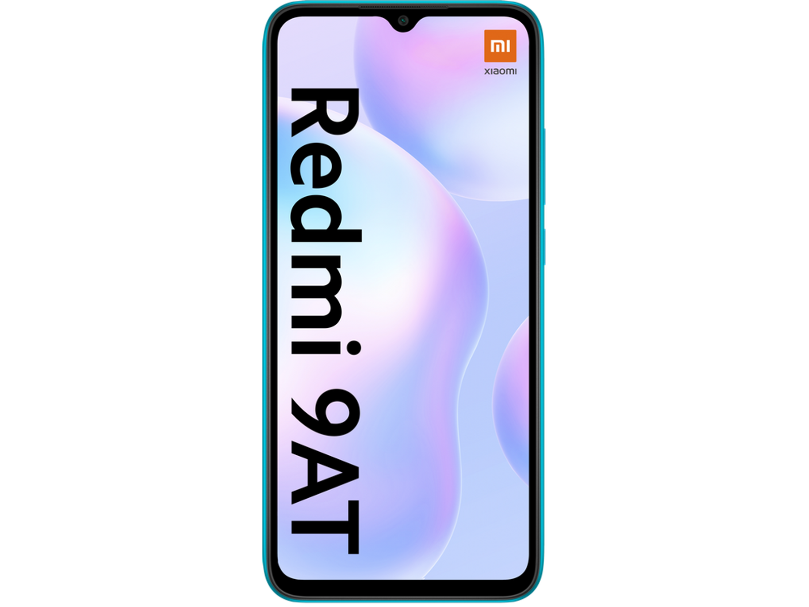 Ein türkisfarbenes Redmi 9AT-Smartphone mit Text auf dem Bildschirm.