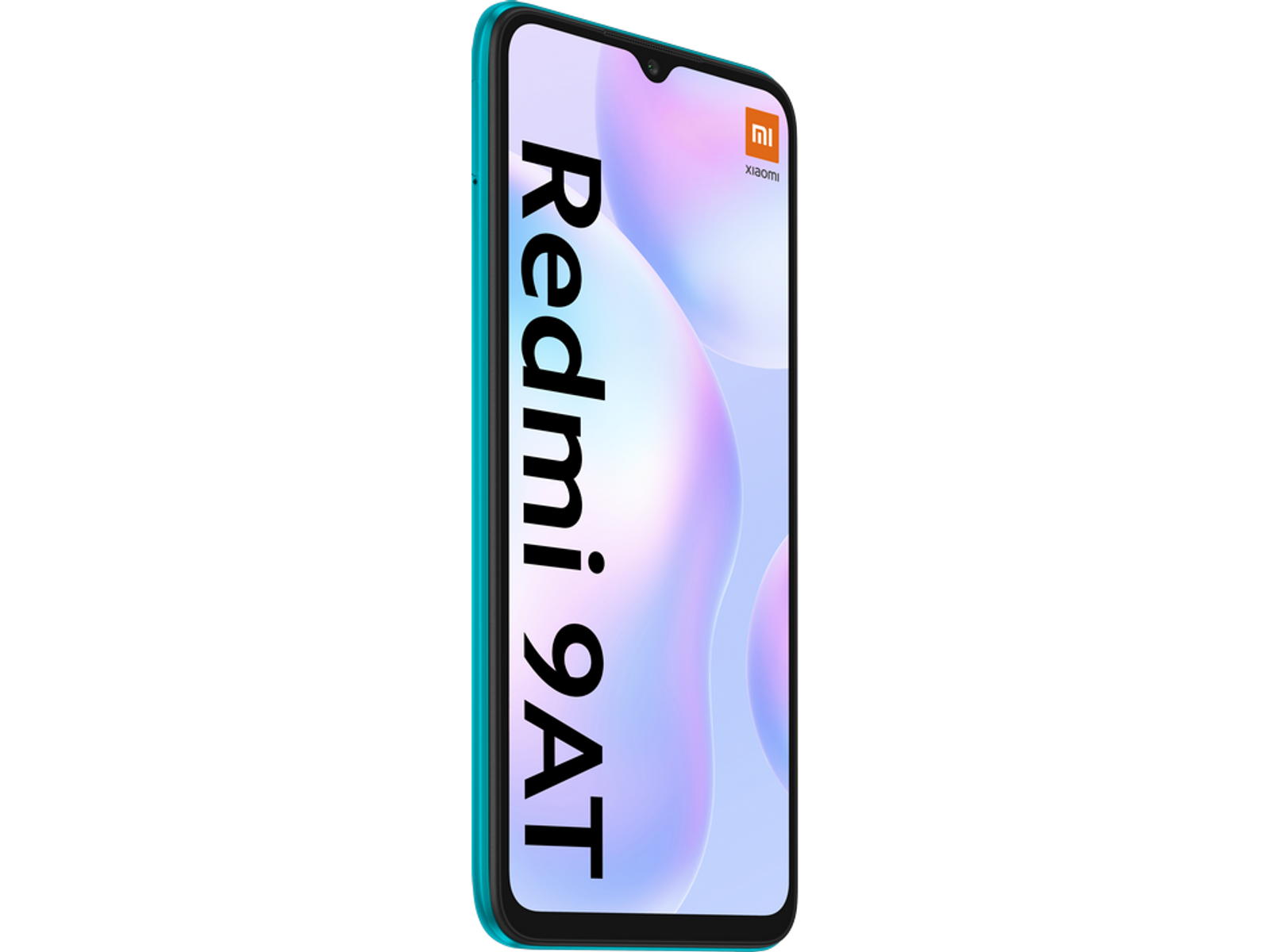Türkisfarbenes Redmi 9AT-Telefon auf weißem Hintergrund, das den Bildschirm des Telefons anzeigt. Redmi 9AT-Text.