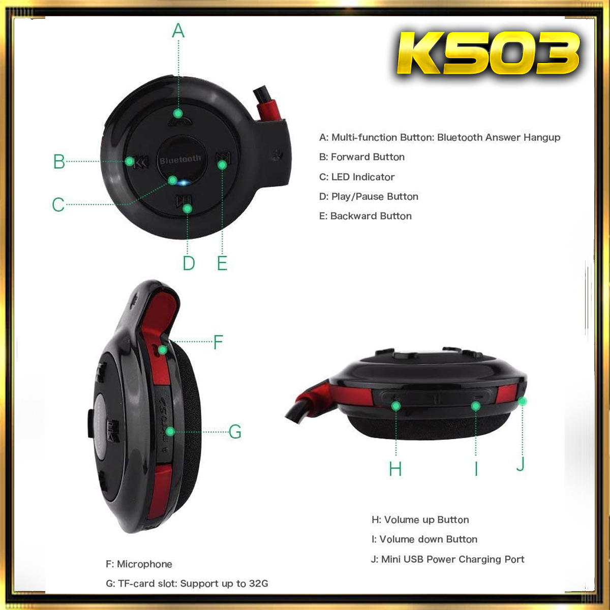 Auricular Bluetooth. Tiene botones y una ranura para tarjeta TF, negro y rojo.