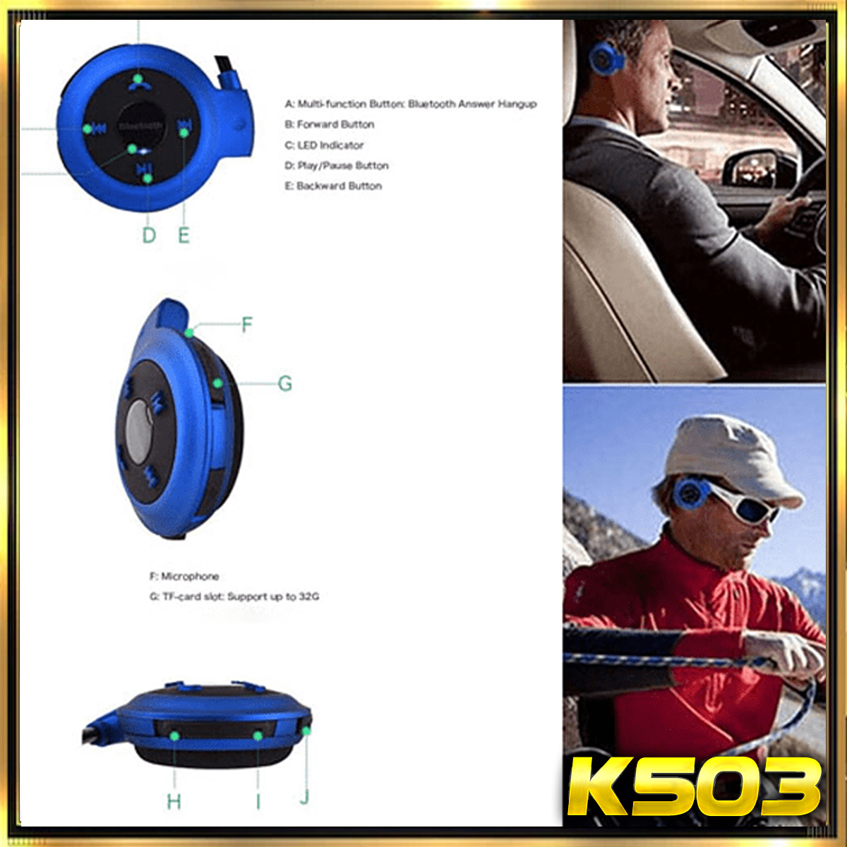 Una imagen muestra un altavoz azul y negro con detalles de botones y personas usándolo.
