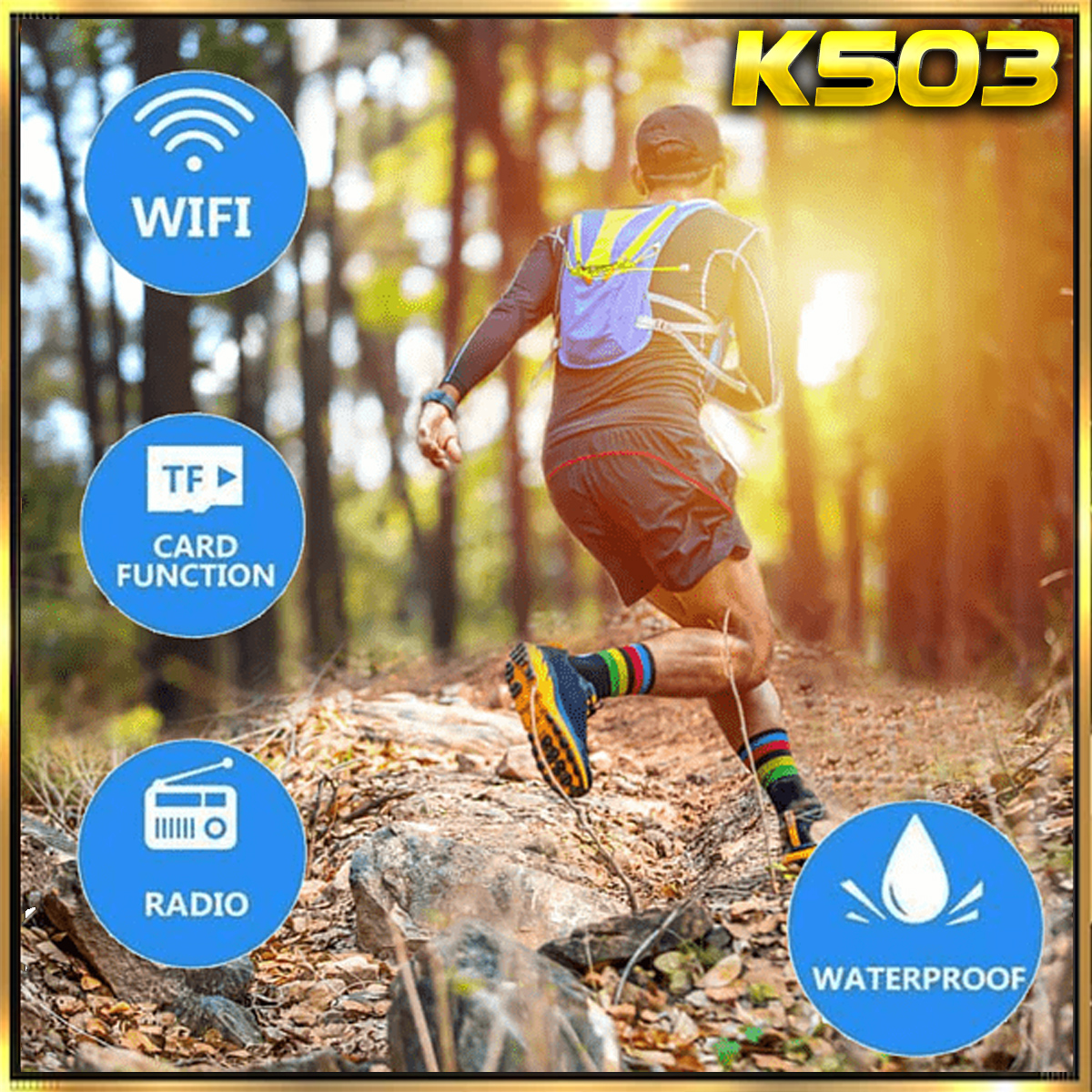 Hombre corriendo por un sendero con equipo. Iconos azules con texto en el marco.