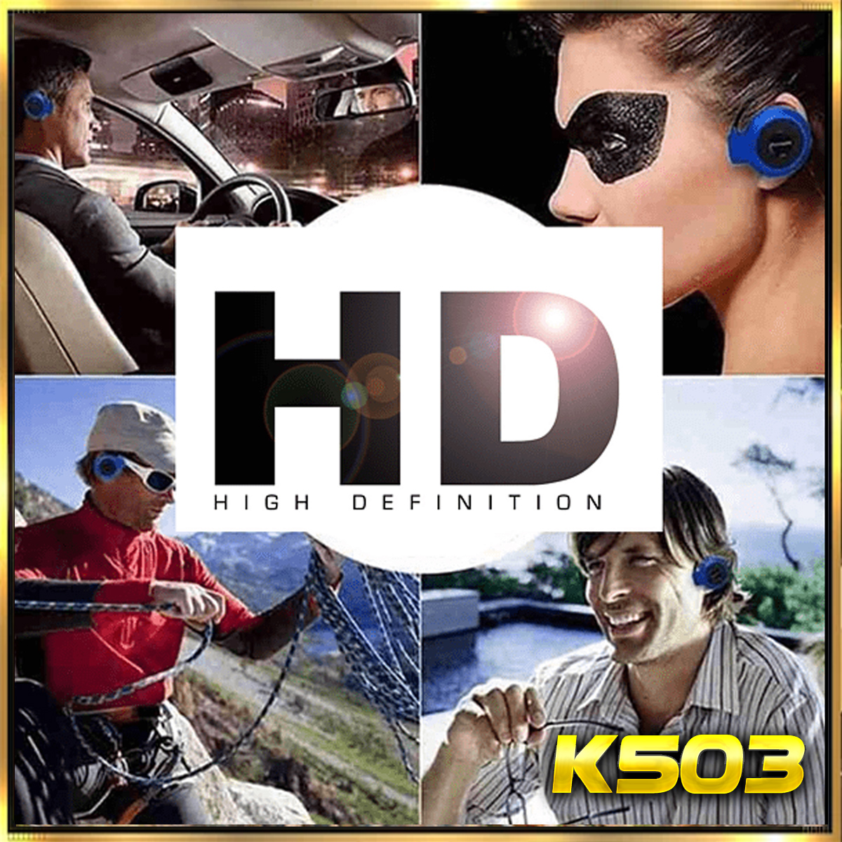 Collage: Personas usando audífonos en varios entornos, con un logo "HD High Definition" y texto "K503".