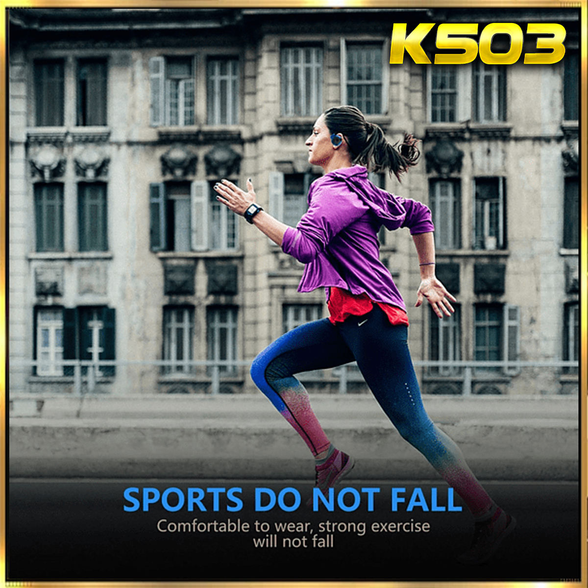 Una mujer corriendo con auriculares. El texto dice 'SPORTS DO NOT FALL'.