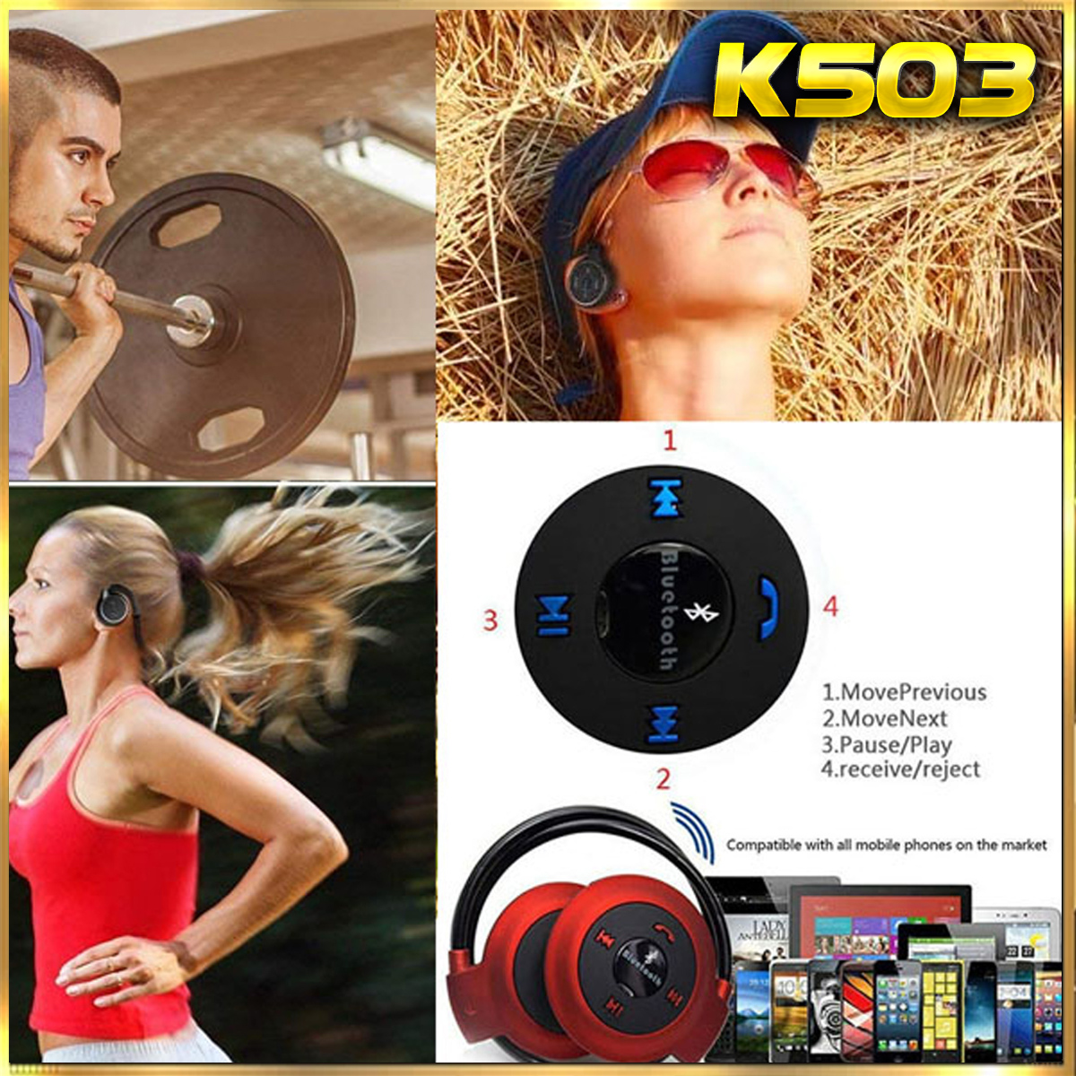 Collage de un hombre levantando pesas, una mujer con auriculares y fotos de productos de auriculares Bluetooth.