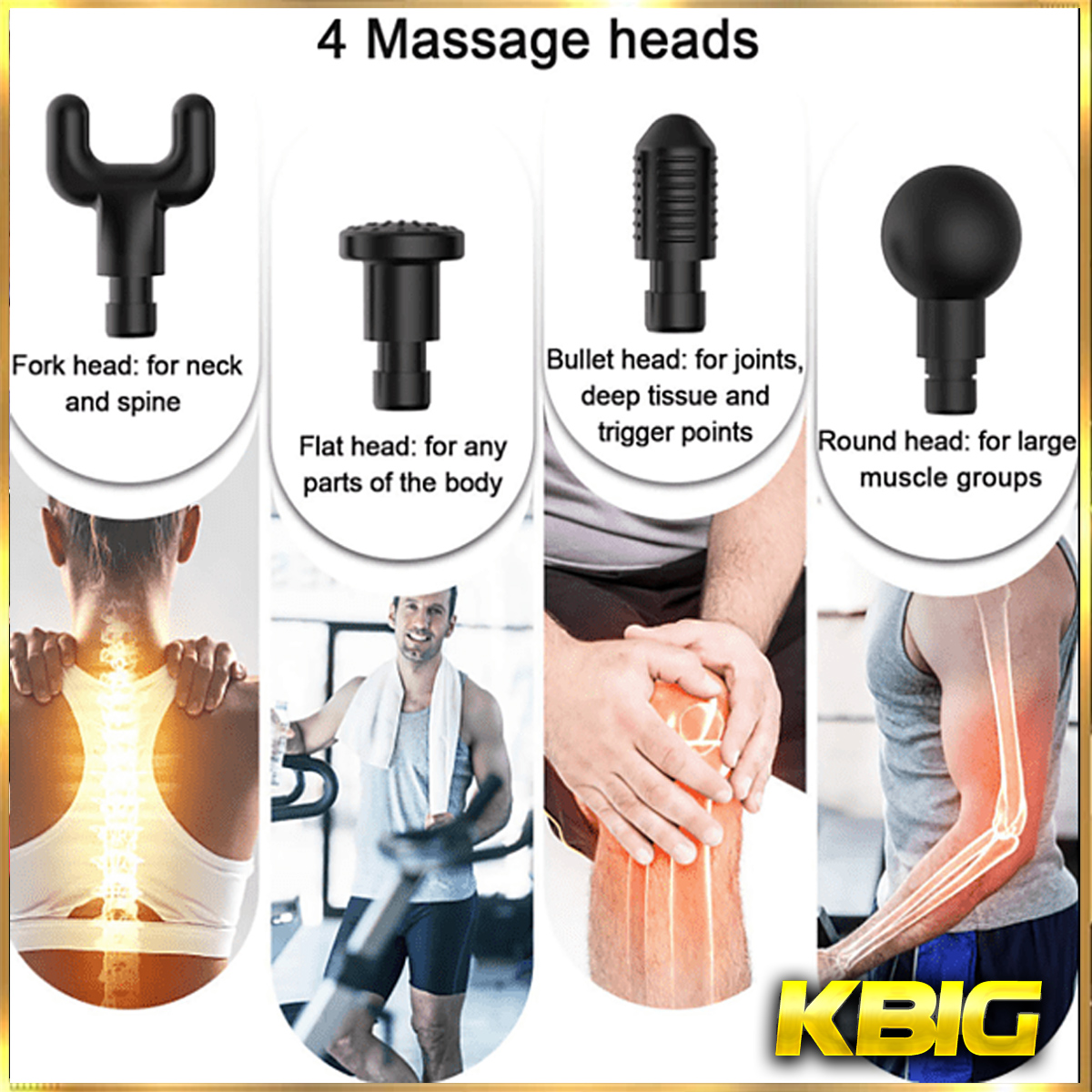 4 cabezales de masaje con imágenes de uso: cuello, cuerpo, articulaciones y grupos musculares.