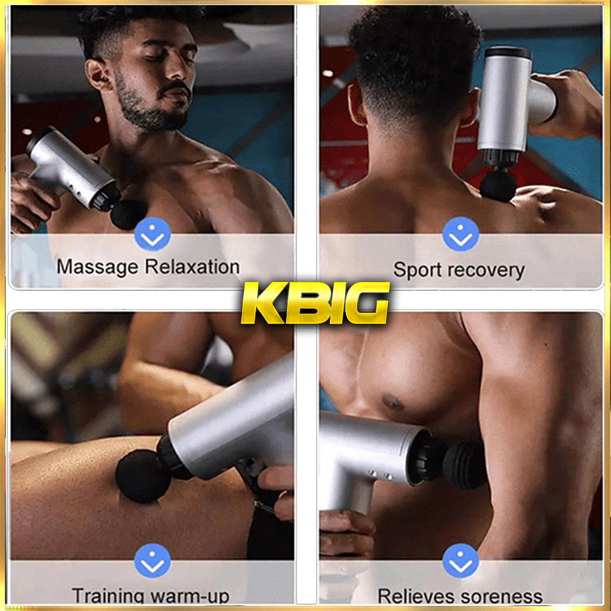 Collage de imágenes que muestran una pistola de masaje utilizada en diferentes partes del cuerpo.