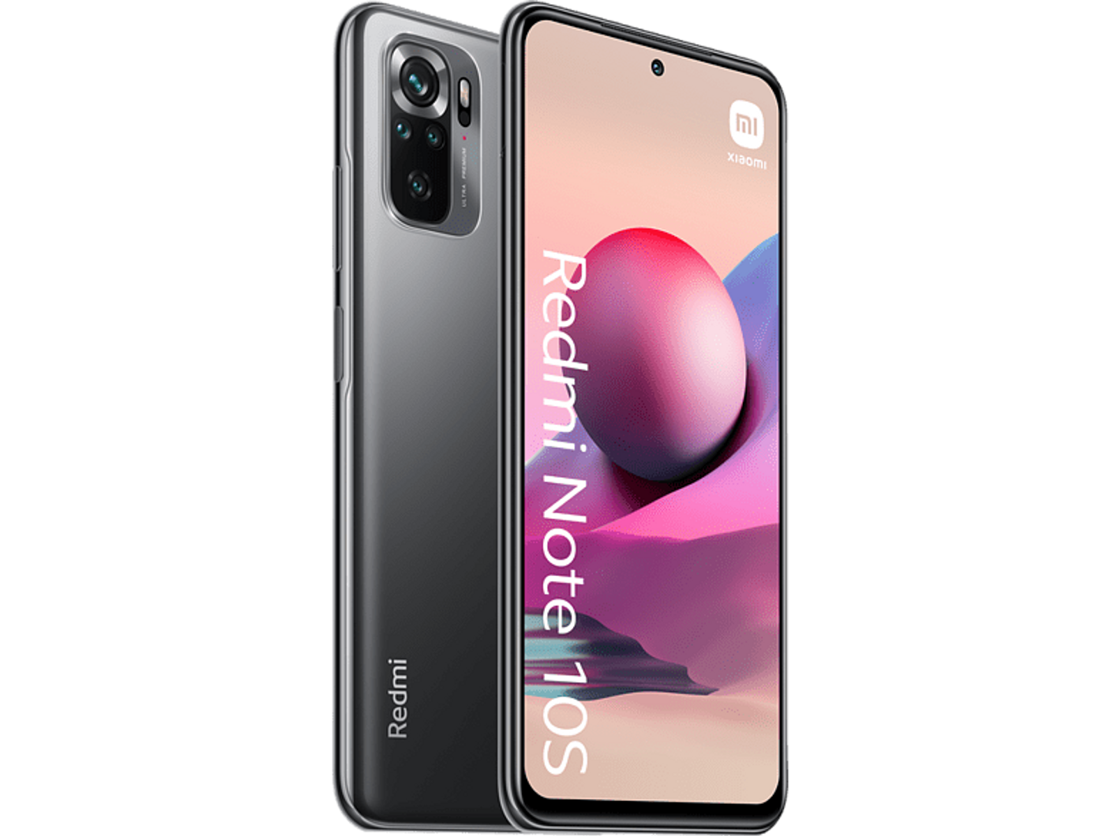 Szary smartfon Redmi Note 10S, pokazujący ekran i tył z aparatem.