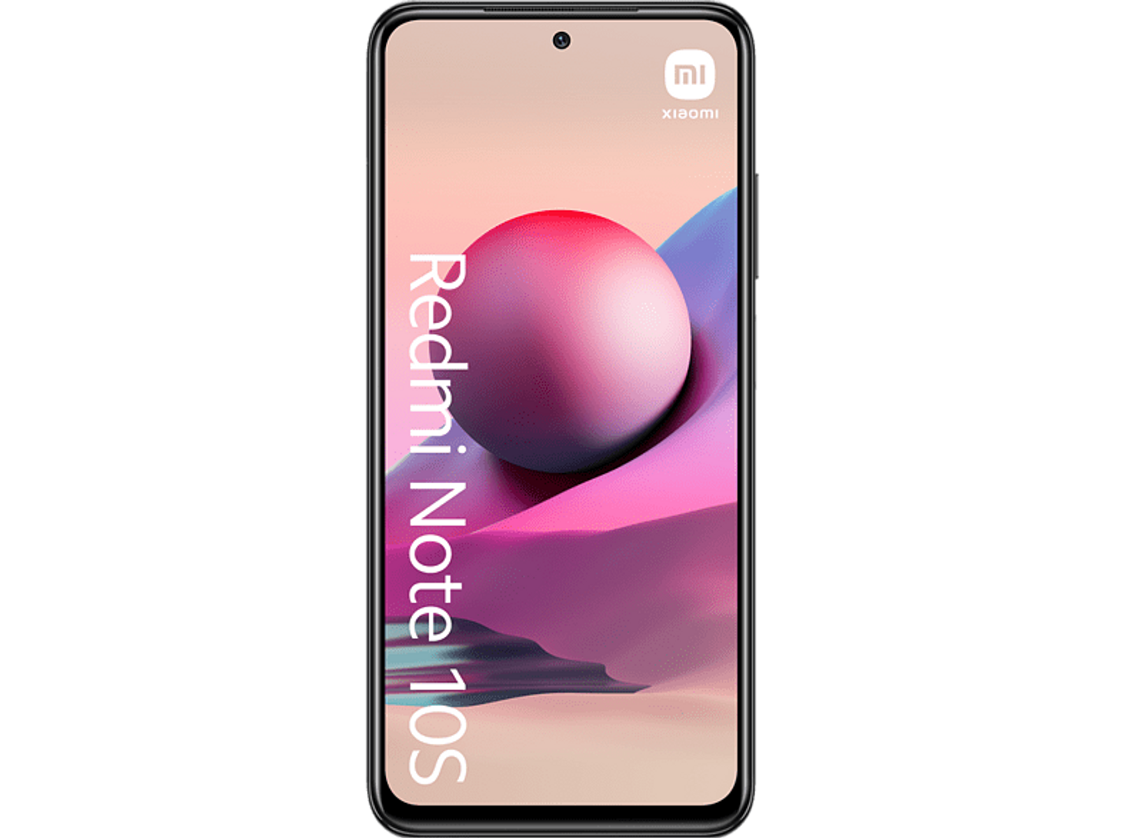 Smartfon Xiaomi Redmi Note 10S na czarnym tle. Ekran jest włączony.