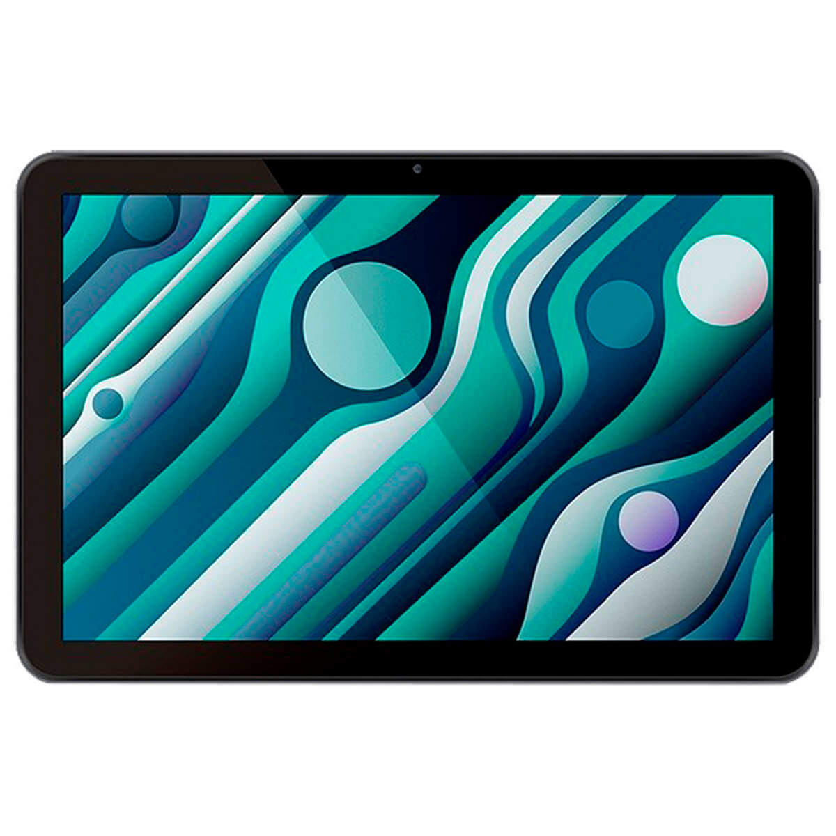 Tablet wyświetlający abstrakcyjny niebieski i turkusowy wzór na czarnej ramie.