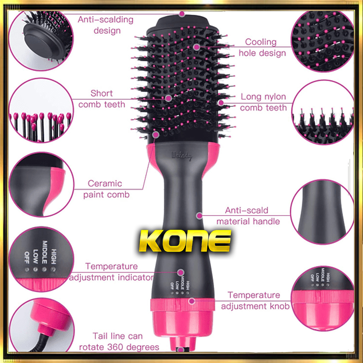 Un secador de pelo negro y rosa con características etiquetadas en detalle.