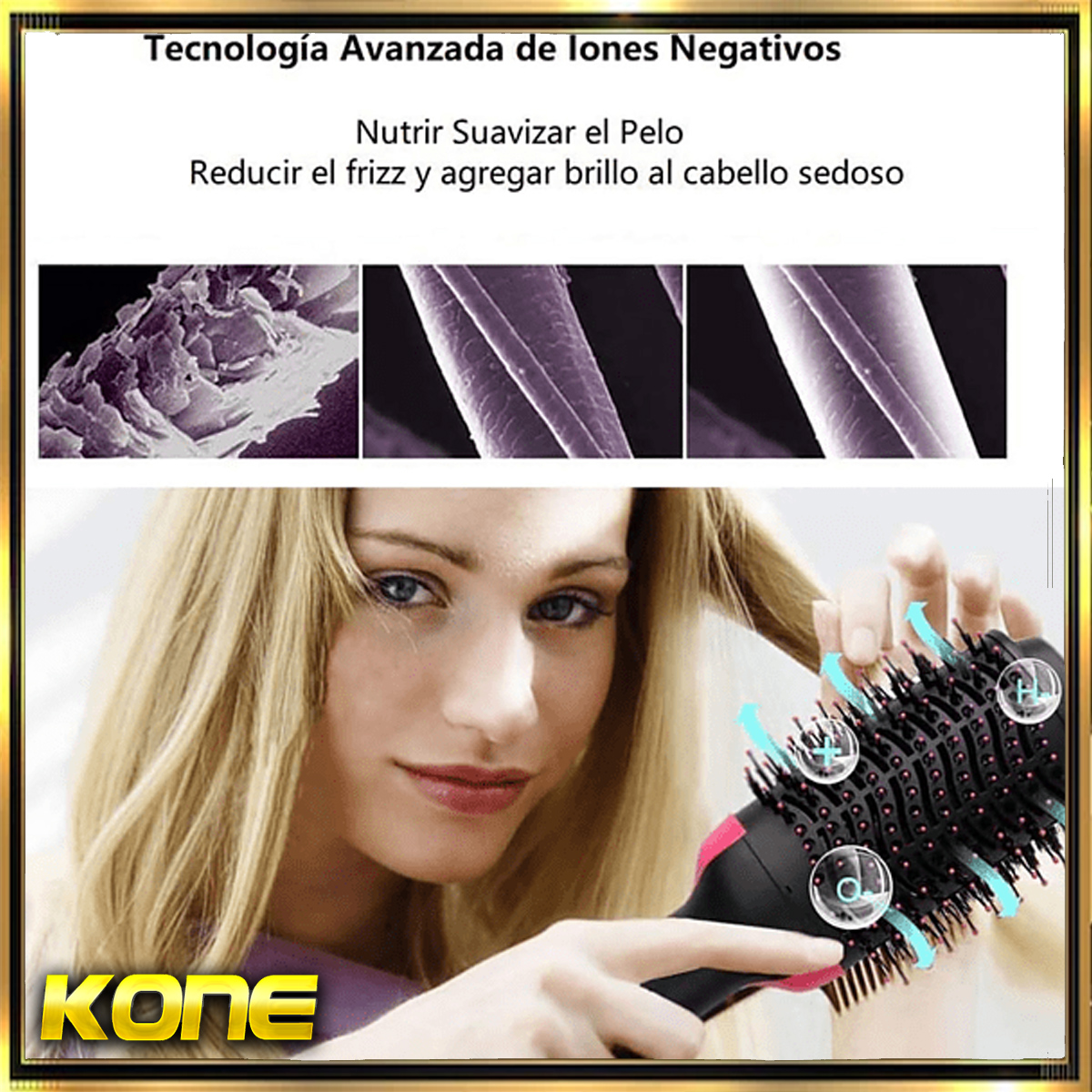 Una mujer usando un cepillo secador de pelo, con imágenes microscópicas del cabello.