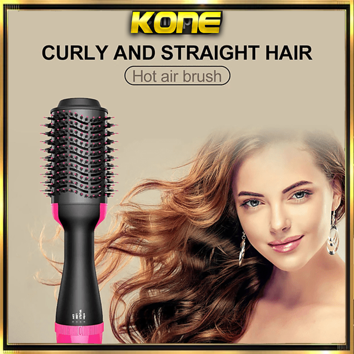 Una mujer con cabello castaño largo y un cepillo para peinar frente a ella. El texto dice: "Curly and Straight Hair".