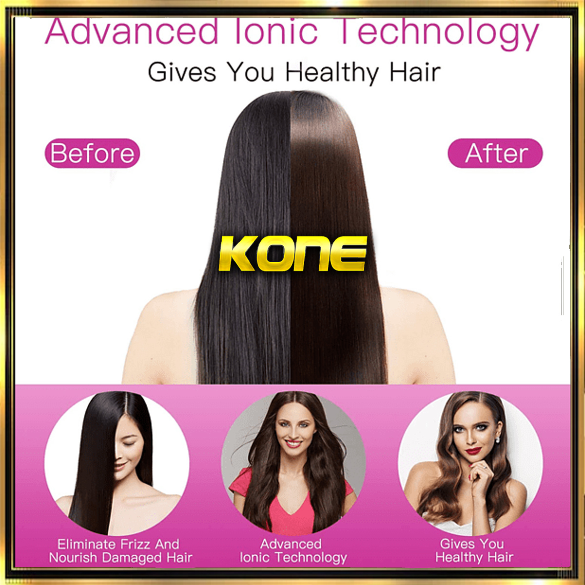 Imagen que compara cabello dañado antes y cabello sano después de usar un producto, con ejemplos de usuarios.