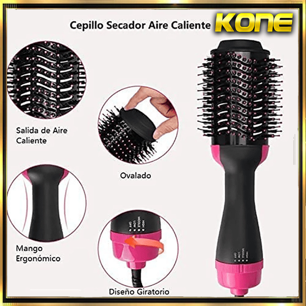 Un cepillo secador de pelo rosa y negro con diagramas. Cabeza ovalada y mango ergonómico.