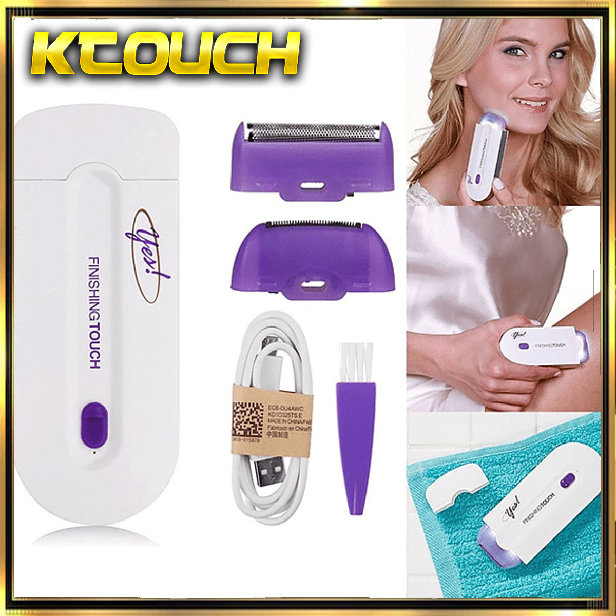 Depiladora y accesorios. Blanco y morado. Múltiples imágenes, fondo blanco y amarillo.