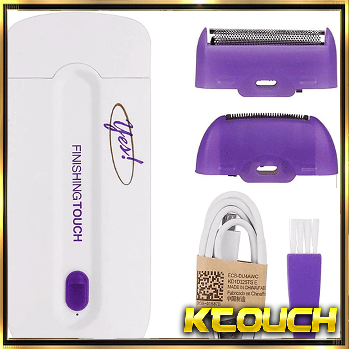Un dispositivo de depilación Finishing Touch blanco con accesorios: cuchillas, cable y cepillo.