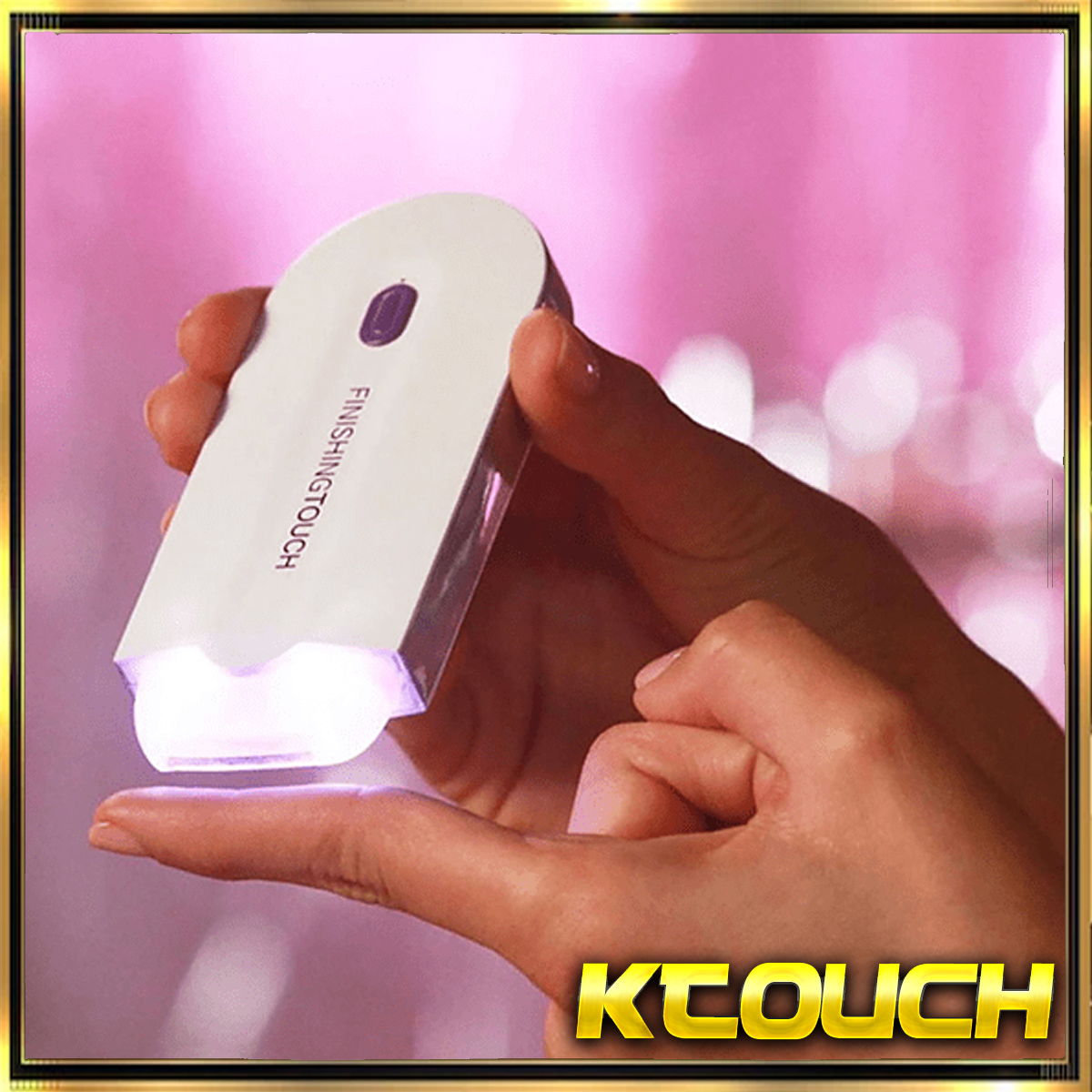 Una persona sostiene un dispositivo eléctrico blanco para depilación, con la palabra 'FINISHING TOUCH' visible.