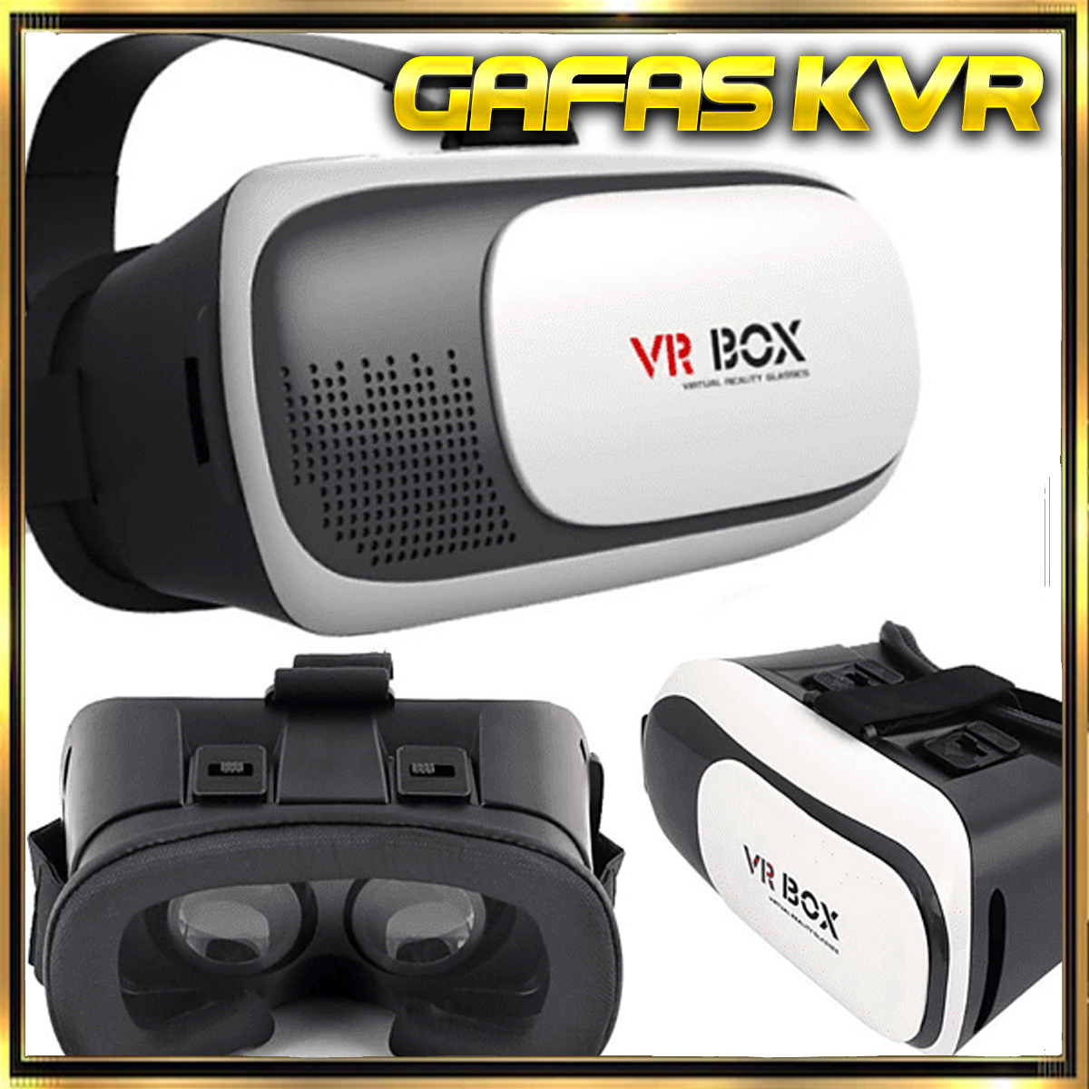Gafas de realidad virtual con múltiples vistas y texto, incluyendo 'VR BOX'.