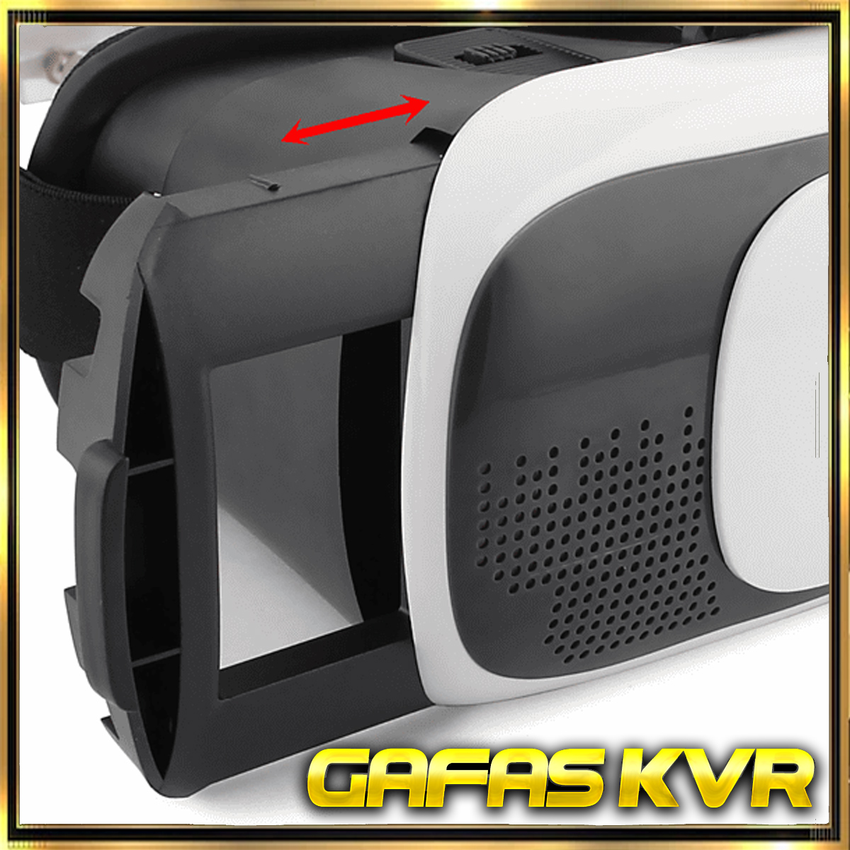 Auriculares de realidad virtual, blanco y negro. Flecha indica donde se desliza la tapa.