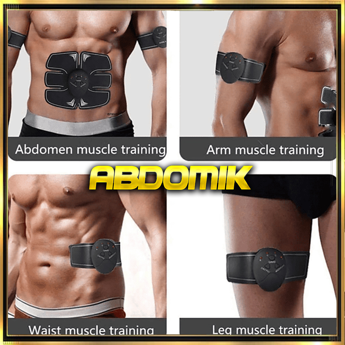 Cuatro imágenes que muestran el entrenamiento muscular con un estimulador muscular abdominal.