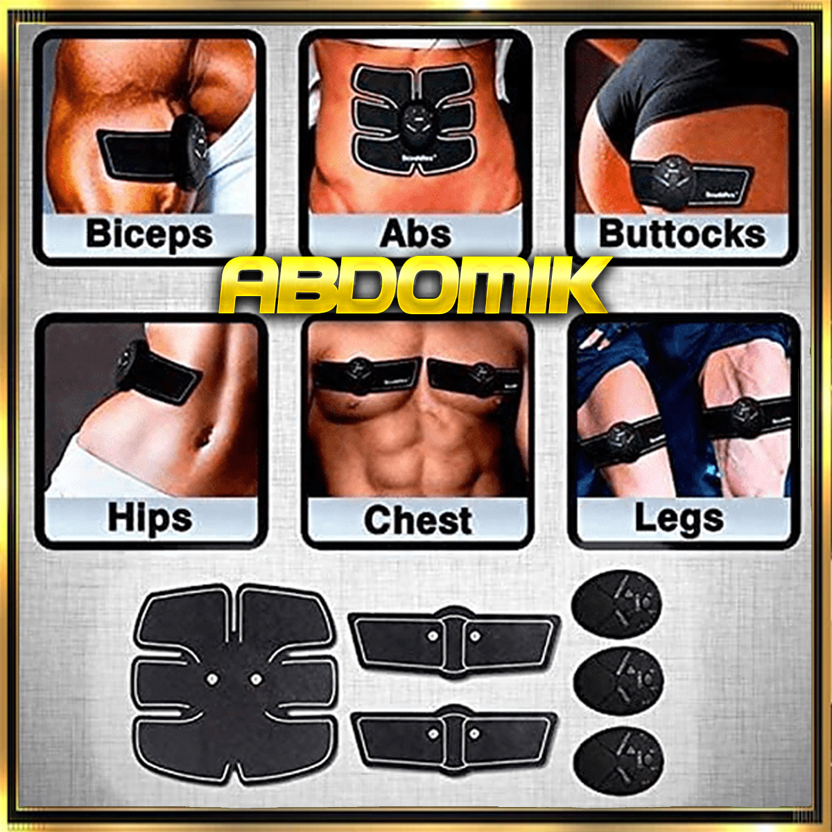 Imágenes que muestran áreas del cuerpo: bíceps, abdominales, glúteos, caderas, pecho y piernas, con estimuladores.