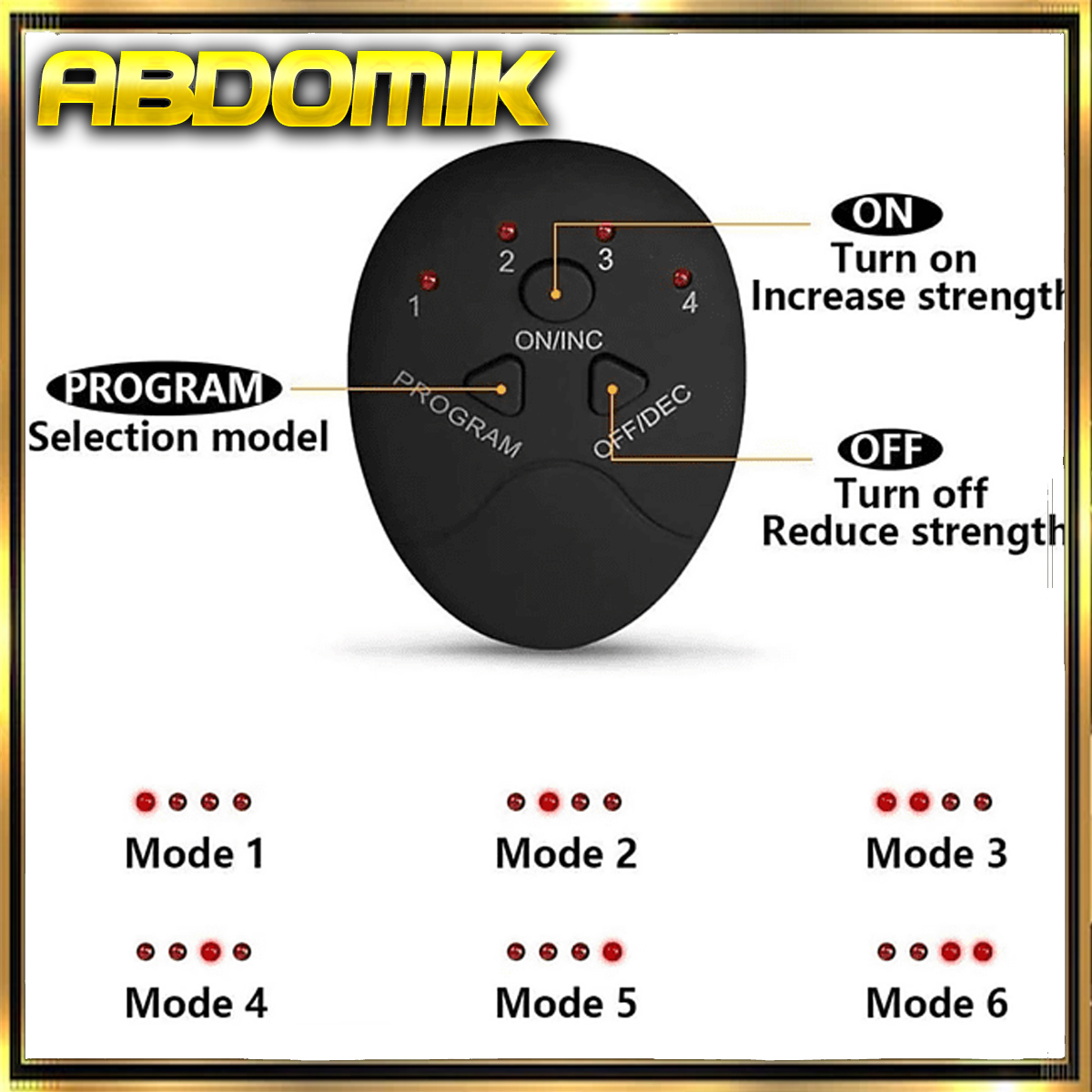 Dispositivo EMS negro con botones y indicadores de modo. Texto: Programa, ON, OFF, y Modo 1-6.
