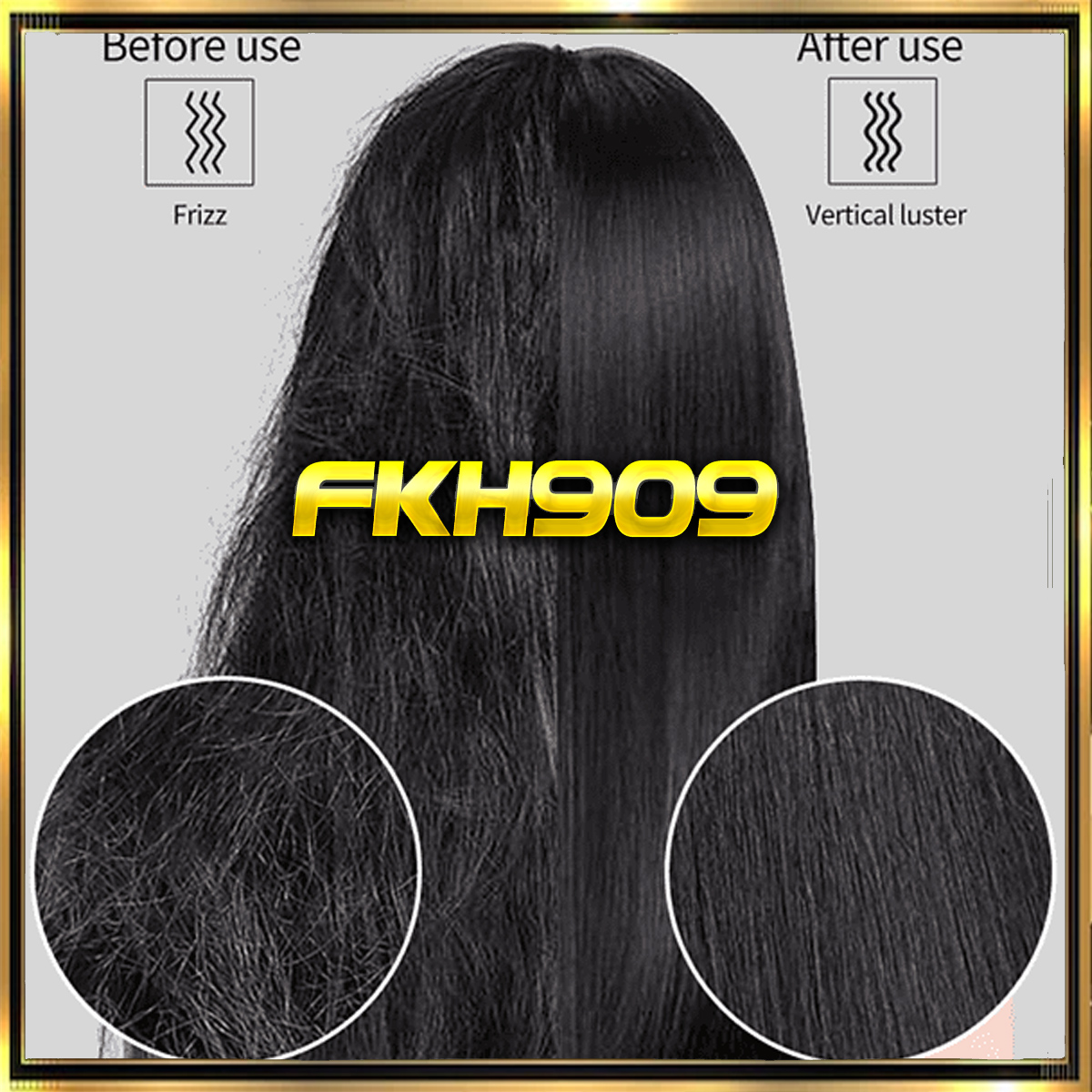 La imagen muestra el cabello antes y después de usar un producto. Antes es encrespado, después liso y brillante.