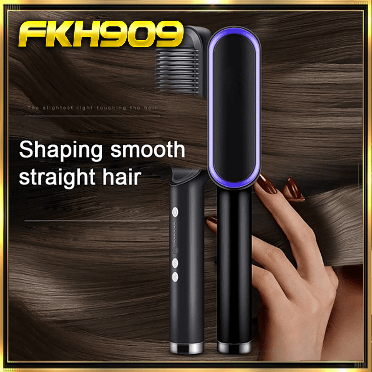 Herramienta para peinar el cabello con texto "Shaping smooth straight hair". Mano sosteniendo.