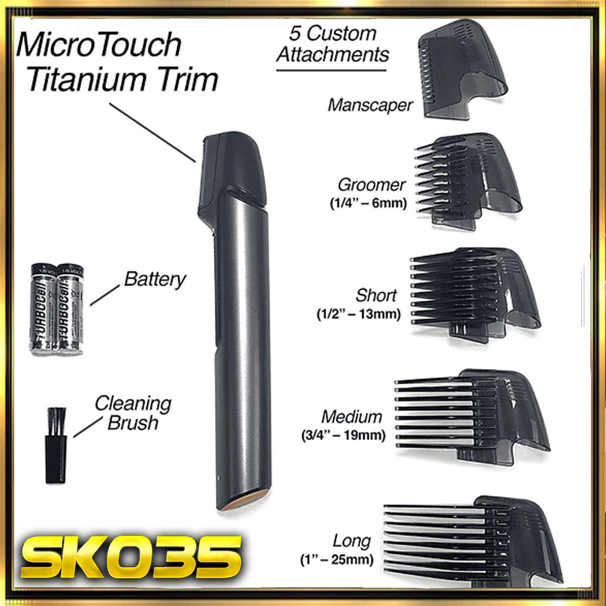Un kit MicroTouch Titanium Trim. Incluye un recortador, accesorios, un cepillo de limpieza y pilas.