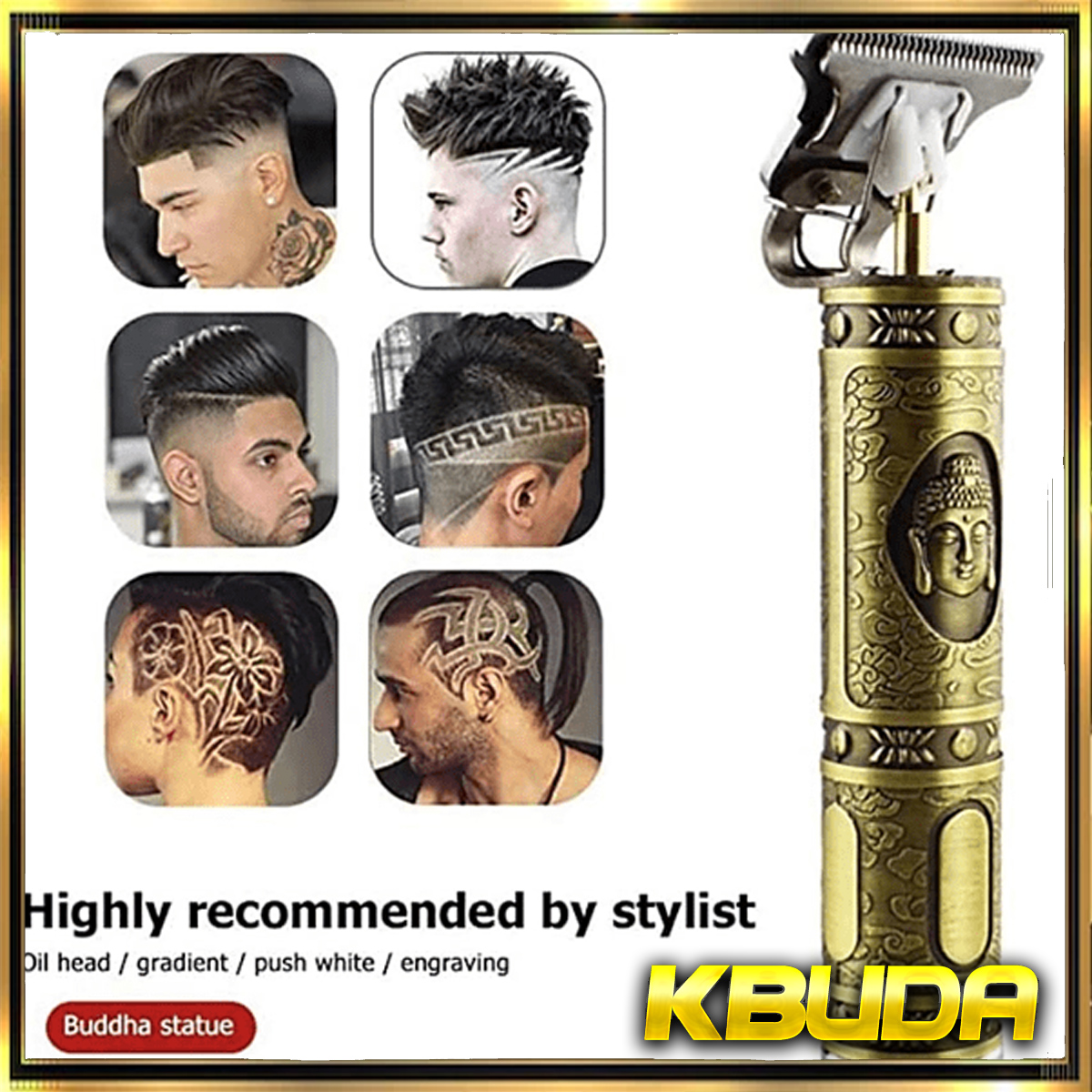 Cortapelos con múltiples diseños de cabello y un diseño de estatua de Buda dorada en el mango.