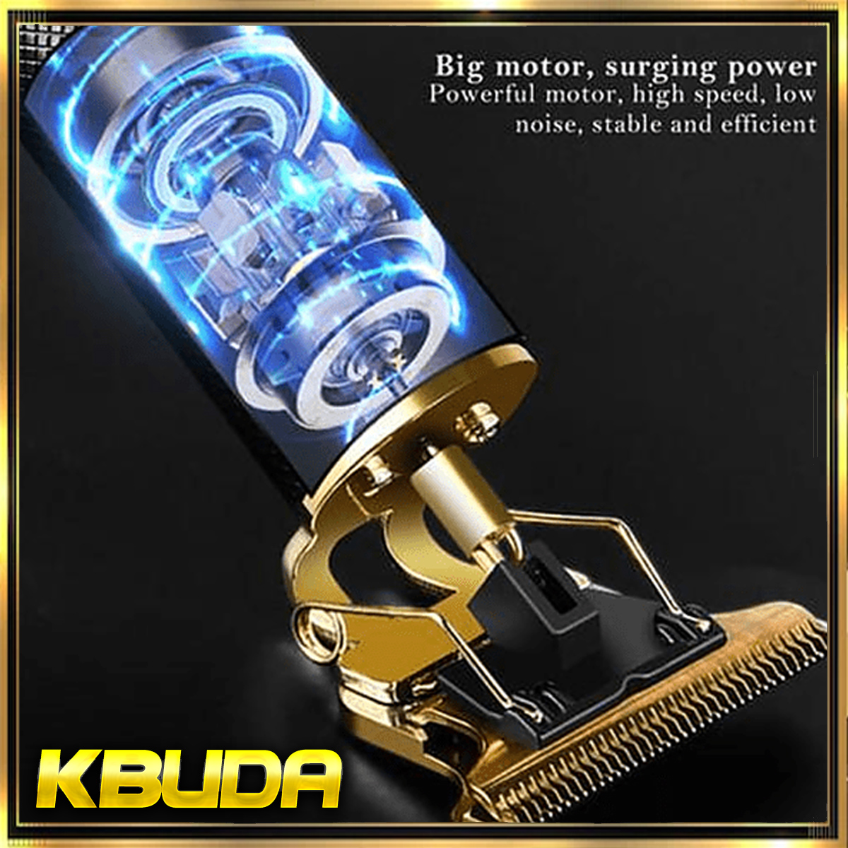 Primer plano de una afeitadora eléctrica dorada con luz azul. Motor visible, con texto: Motor grande, potencia creciente.