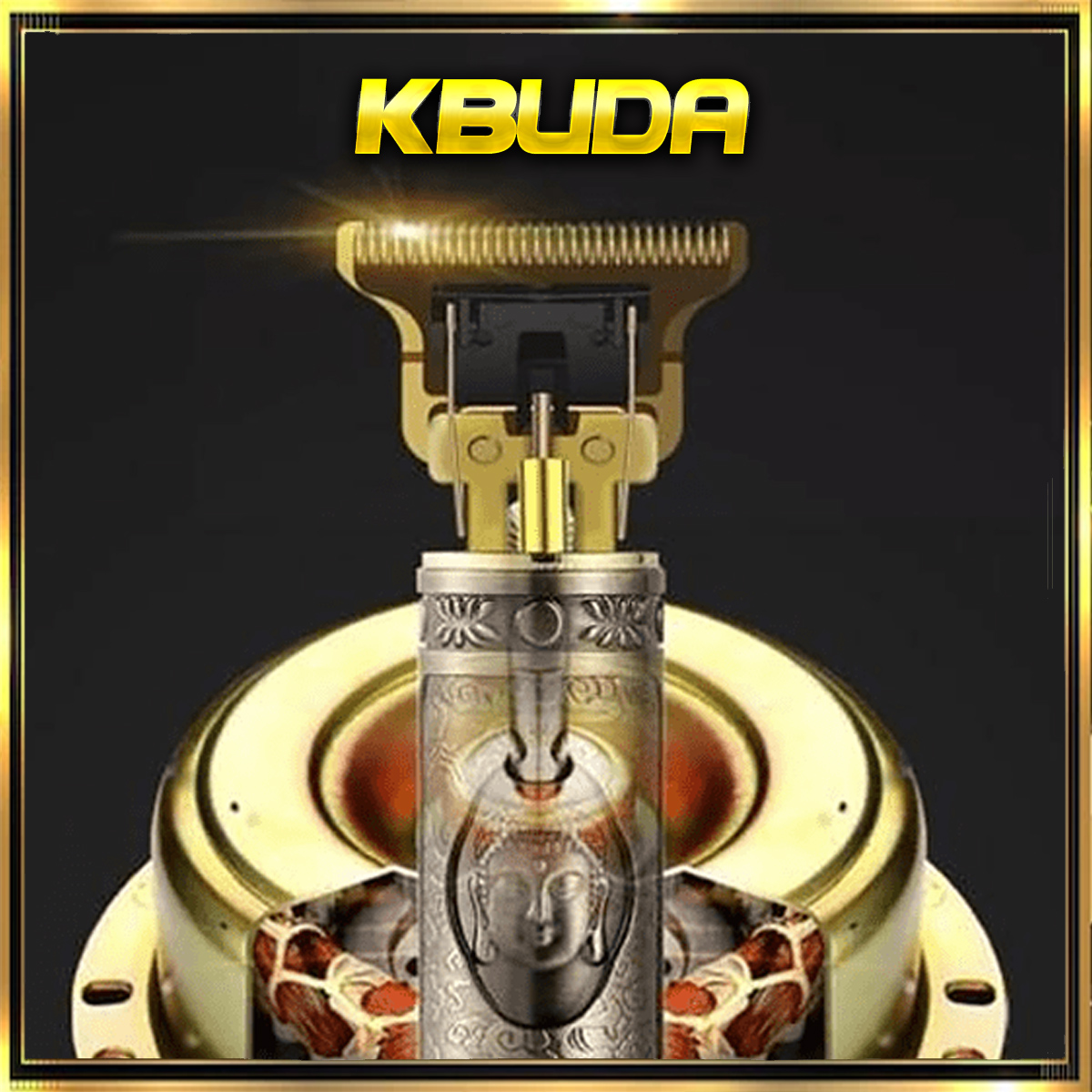 Recortadora de cabello eléctrica dorada y plateada con el nombre KBuda en la parte superior.