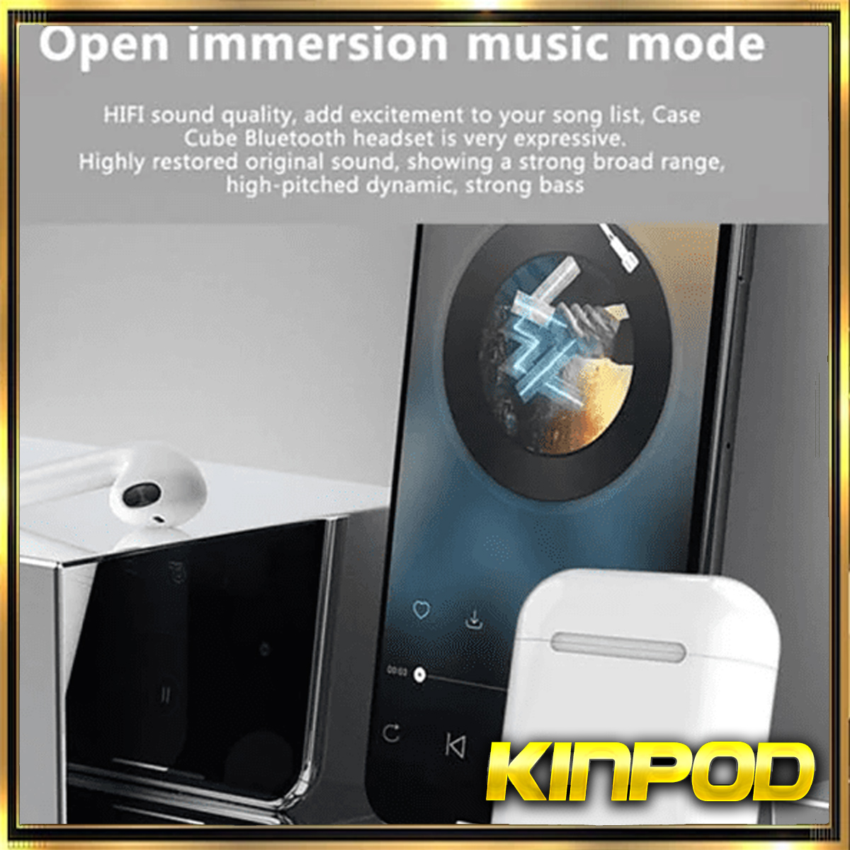 Imagen de auriculares y un teléfono reproduciendo música, con texto sobre el modo de música inmersiva.