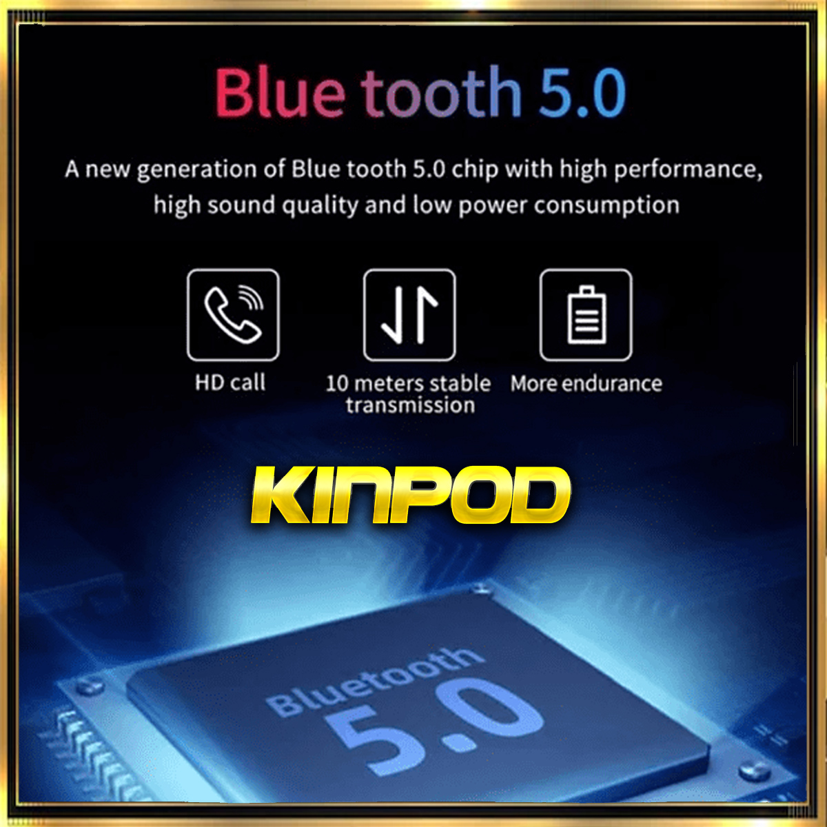 Imagen que muestra auriculares bluetooth con funciones como llamada HD, transmisión estable a 10 metros y más resistencia.