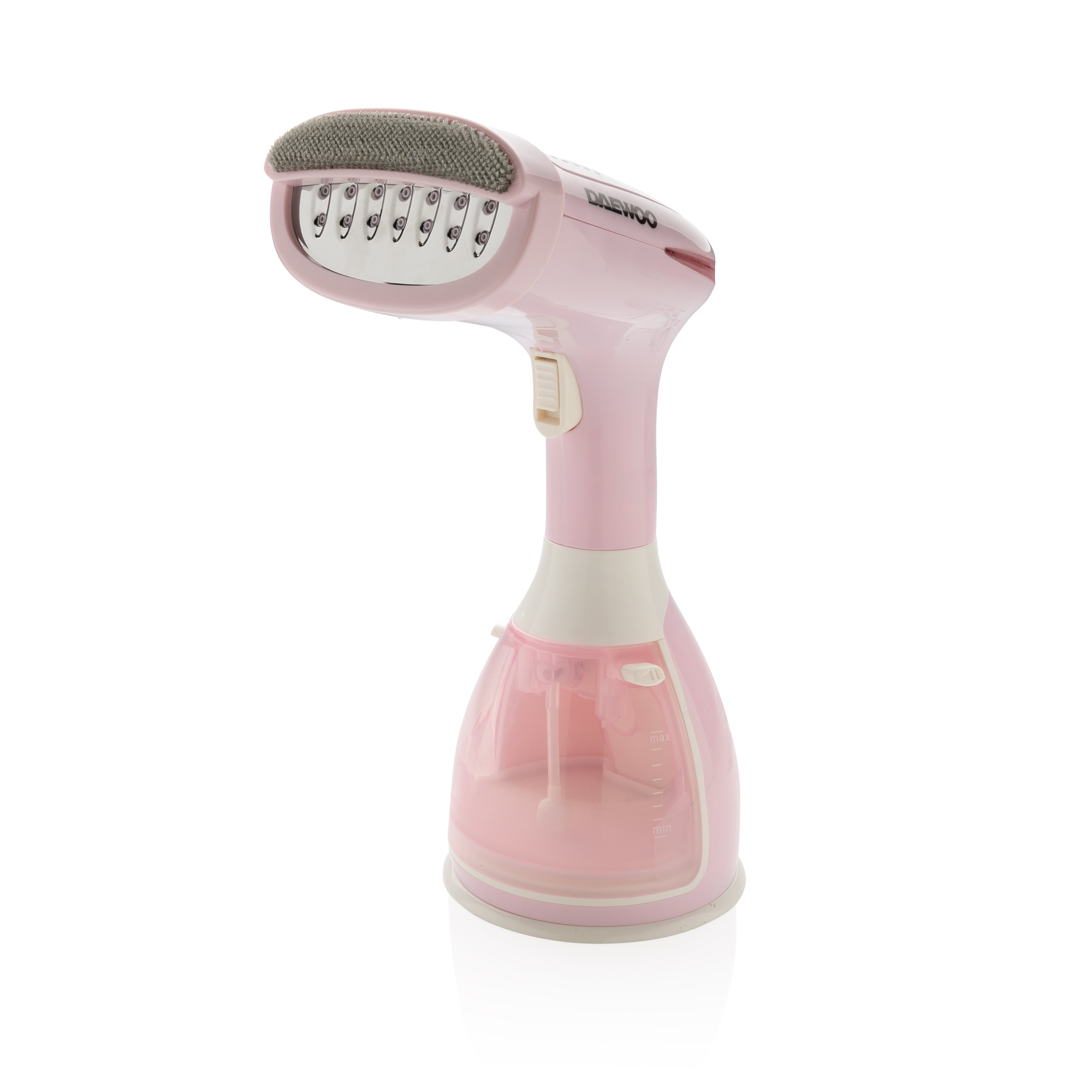 Roze Daewoo kledingstomer. Voorzien van een kop met stoomopeningen en een roze handvat met een knop.