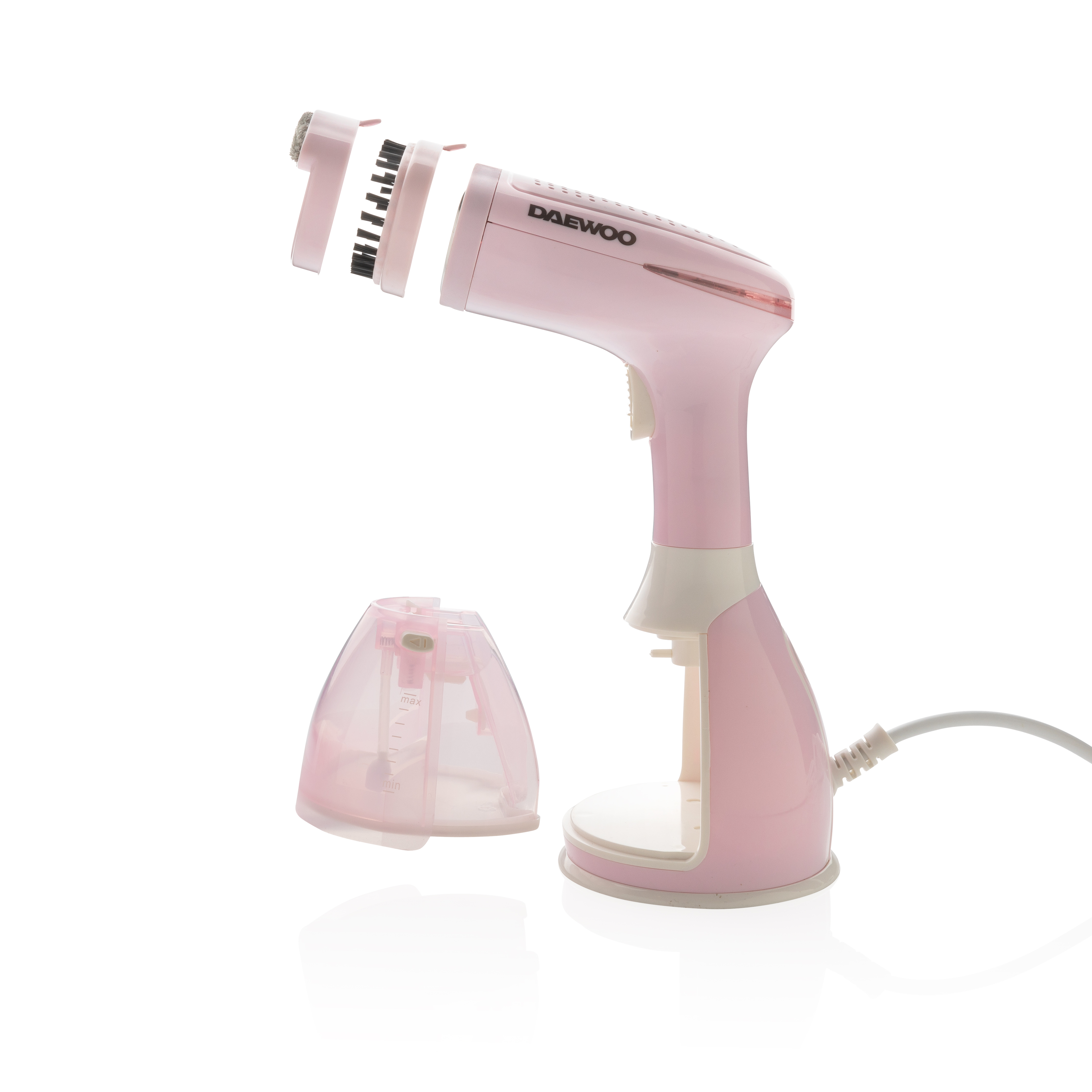 Roze Daewoo kledingstomer met afneembare onderdelen op een witte achtergrond.