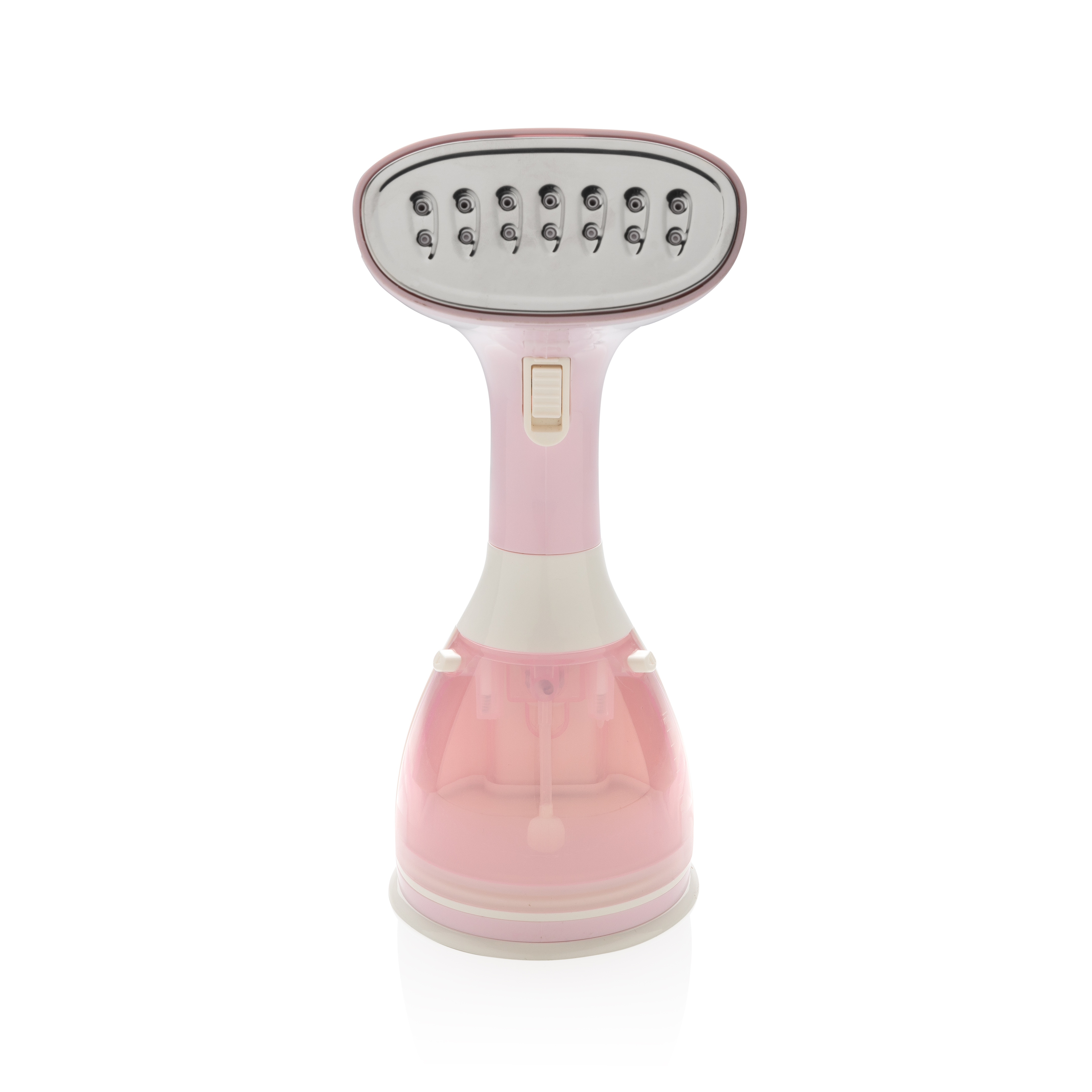 Roze en witte kledingstomer met een witte achtergrond.