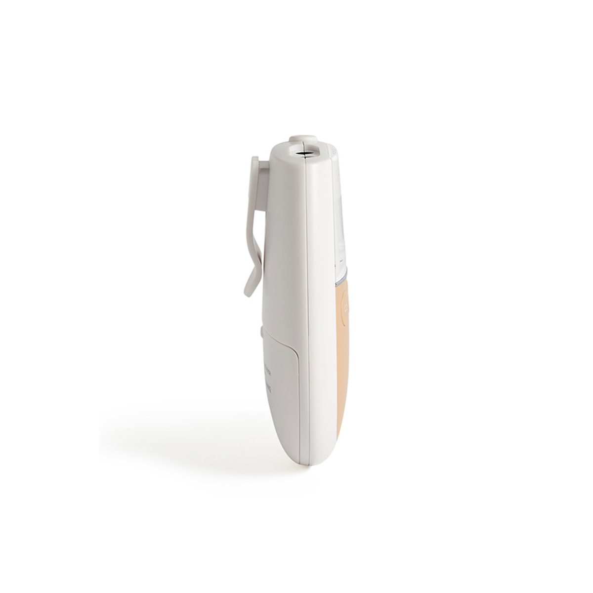 Un piccolo dispositivo bianco e beige con clip, visto di lato, su sfondo bianco.
