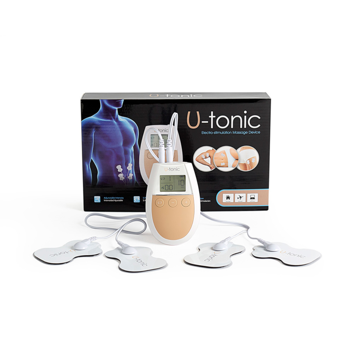 Scatola del dispositivo di massaggio a elettrostimolazione U-tonic, con cuscinetti e un controller.
