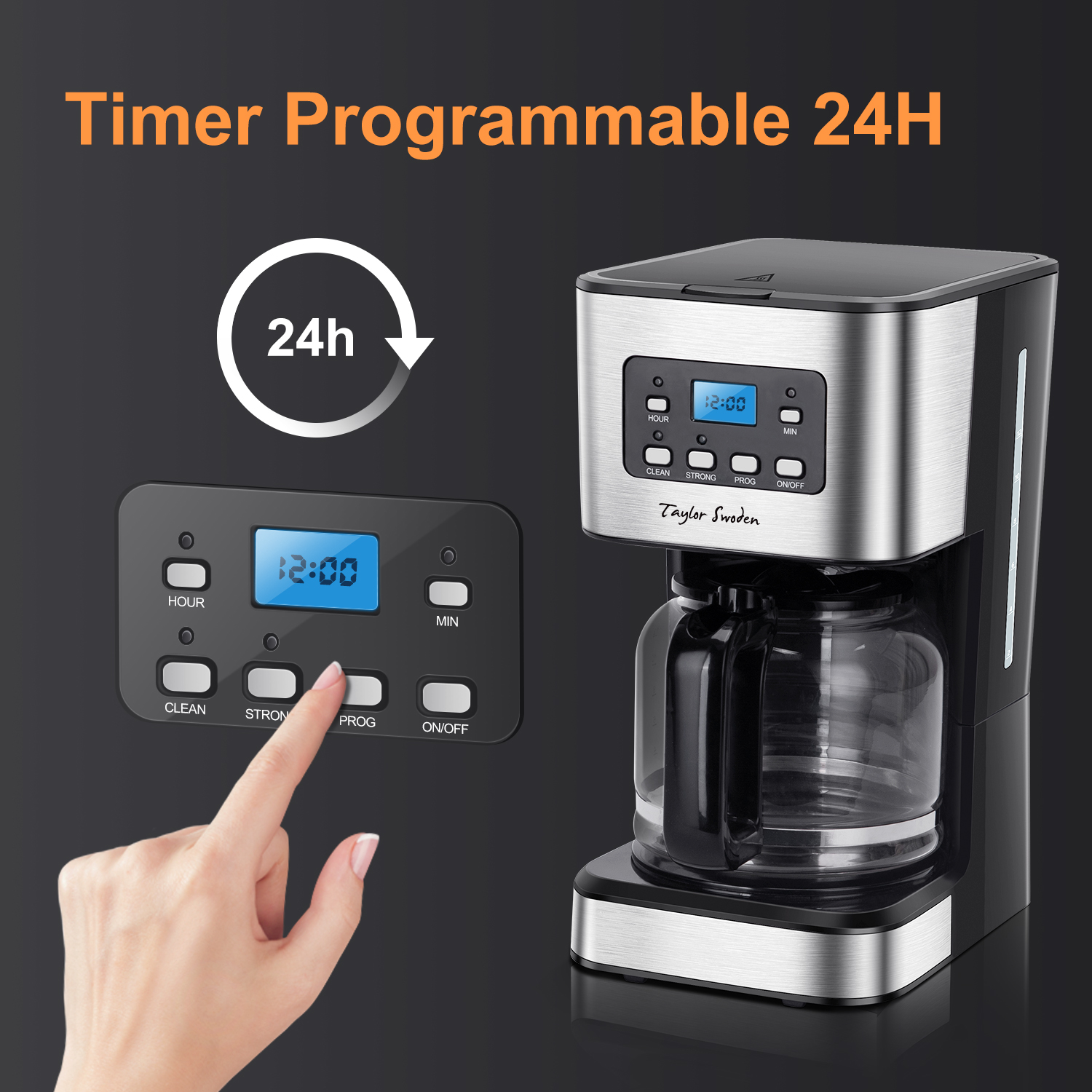 Cafetera con pantalla digital, mano tocando la pantalla. Texto: 'Timer Programmable 24H'.