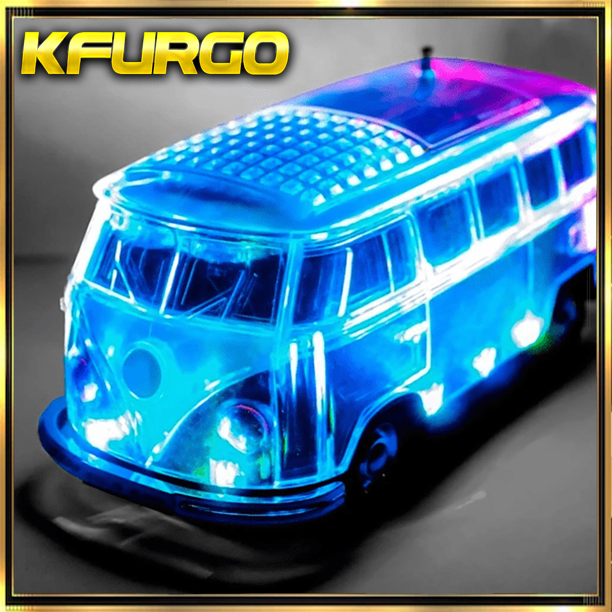 Autobús VW de juguete azul brillante con logo 'KFURGO'. Fondo oscuro con borde dorado.
