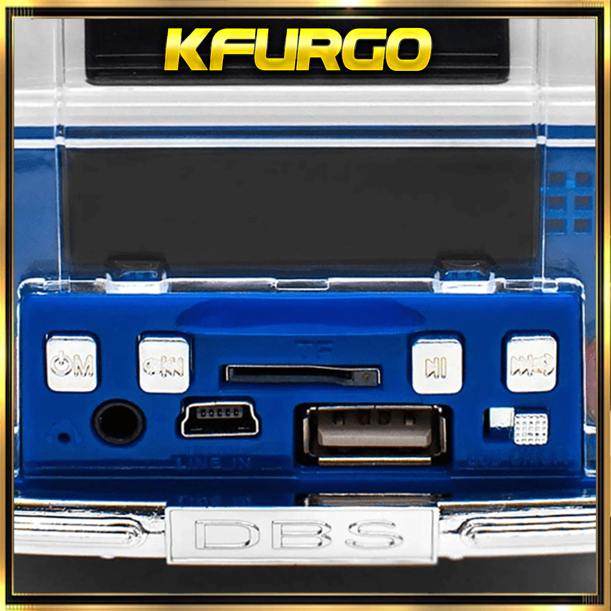 La parte trasera de una radio retro azul y plateada con varios puertos de entrada/salida y botones.