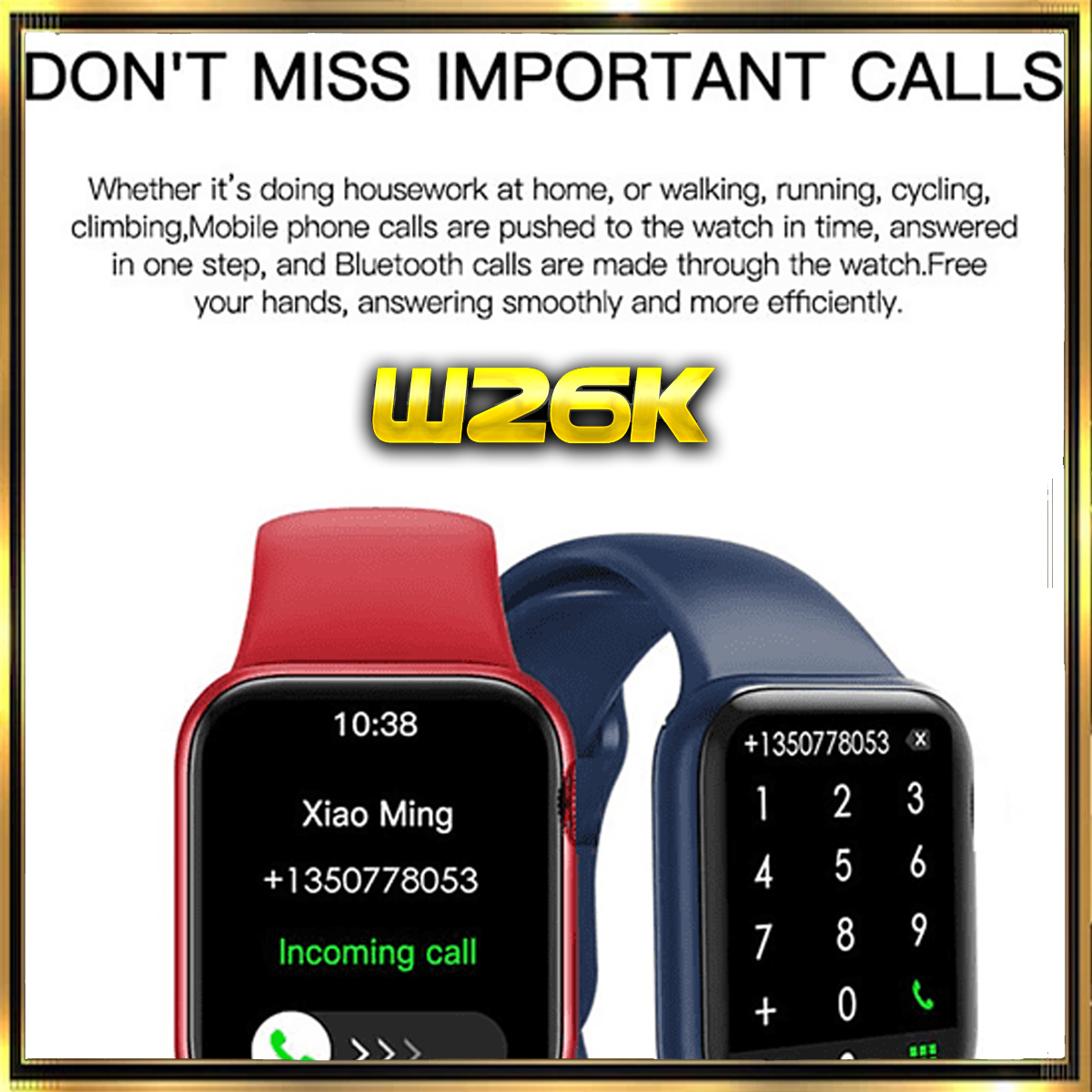 Dos smartwatches, uno rojo y otro azul, mostrando notificaciones de llamadas entrantes. El texto dice 'NO TE PIERDAS LLAMADAS IMPORTANTES'.