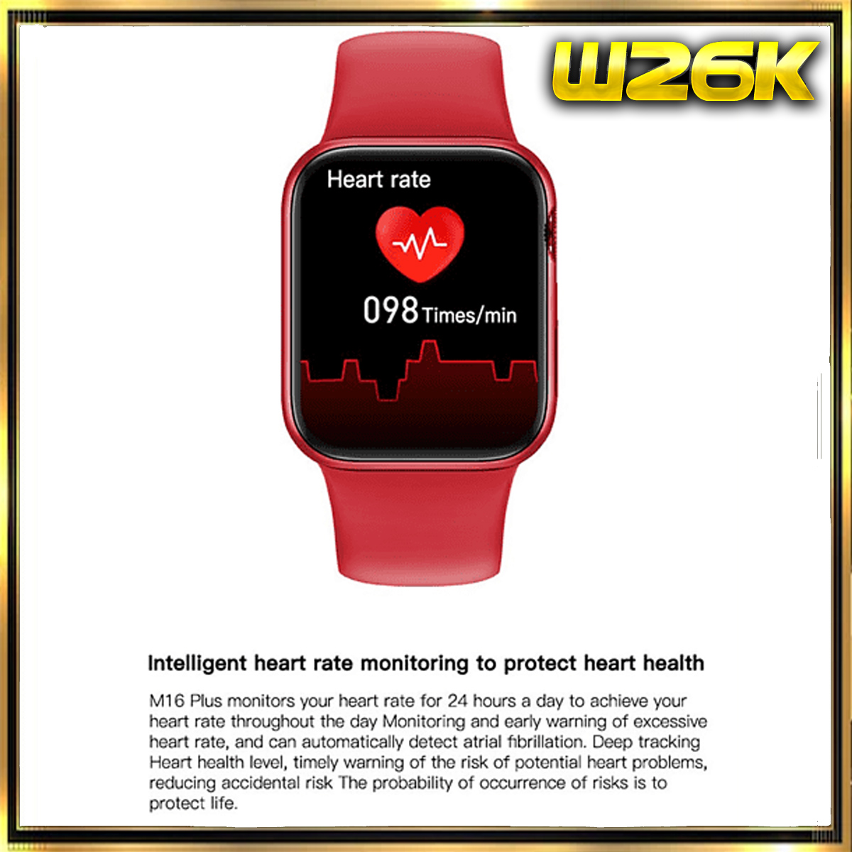 Un smartwatch rojo muestra datos de frecuencia cardíaca con texto: 098 veces/min. Correa roja.
