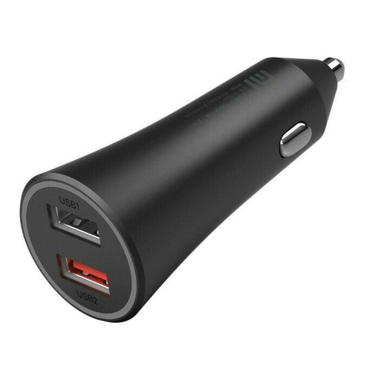 Czarna ładowarka samochodowa USB z dwoma portami USB. Posiada srebrny przycisk i srebrną obwódkę.