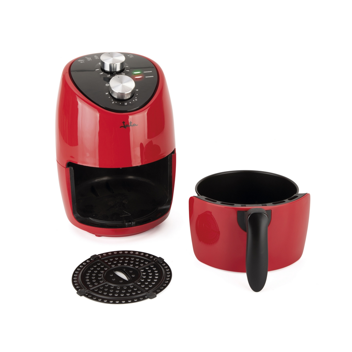 Freidora de aire roja con cesta negra, base negra y controles plateados arriba.